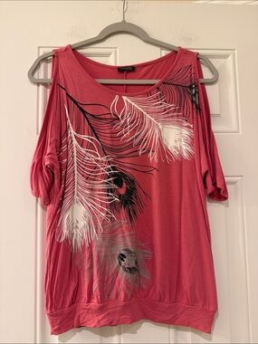 Venus Lascana Pink Feather-Print Cold-Shoulder Top